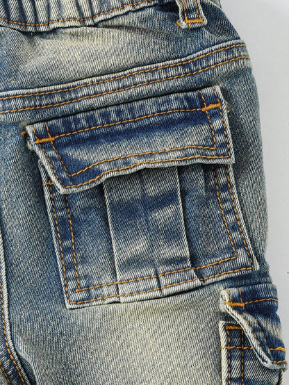 Baby Boy Y2k Retro Vintage Vintage Washed Ripped Frayed Raw Edges Patchwork High Stretch Slim Fit Blue Jeans With Cargo Pocket Fall Winter, Winter