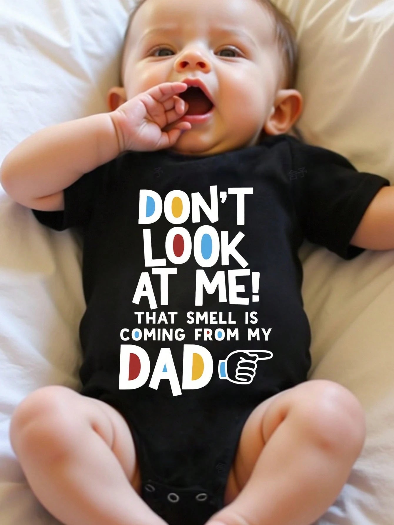 Baby Boys' Black Summer Casual Family Matching Short Sleeve Bodysuit,Cute Kawaii Cartoon Finger Design Colorful Letter Slogan Graphic Print Crew Neck