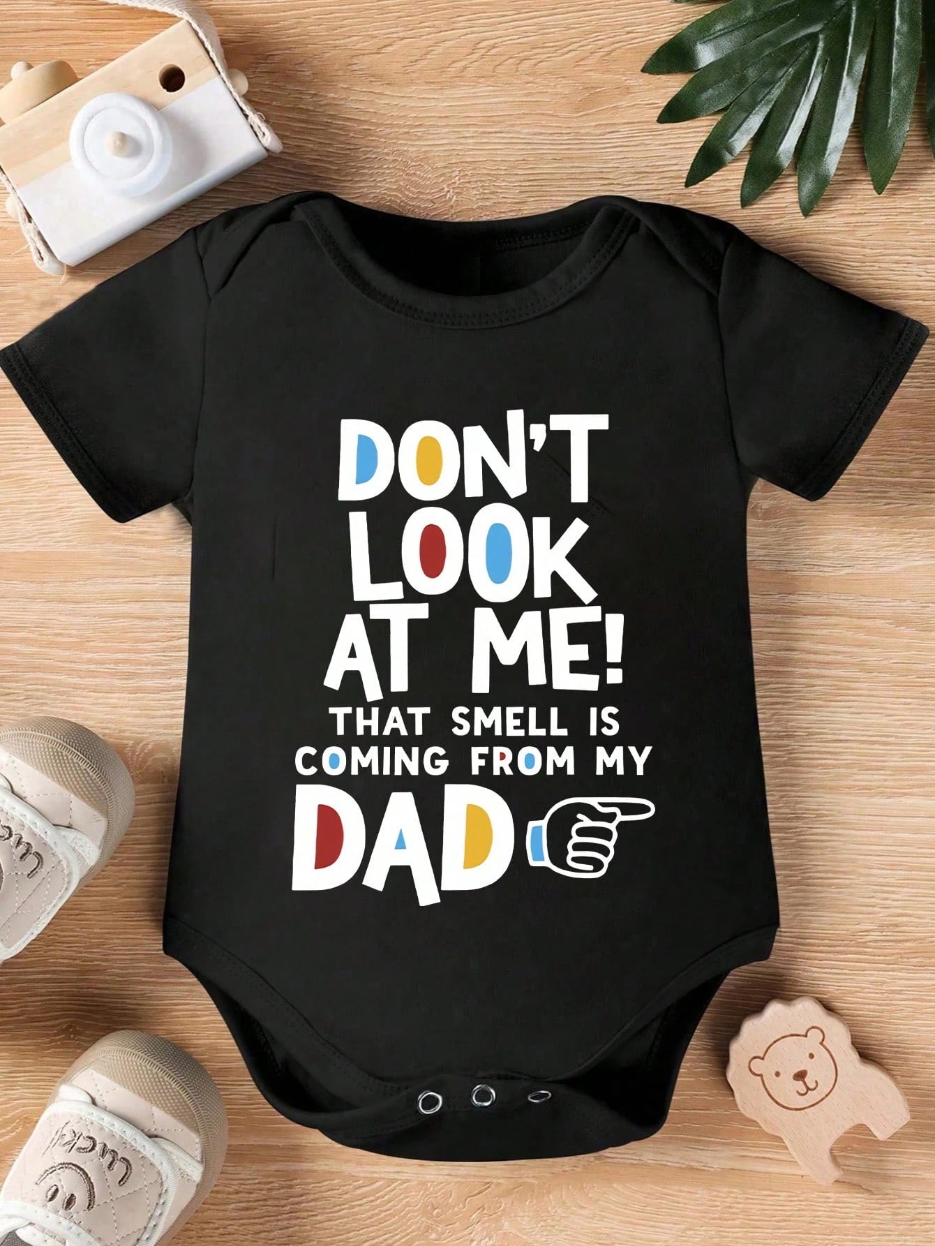 Baby Boys' Black Summer Casual Family Matching Short Sleeve Bodysuit,Cute Kawaii Cartoon Finger Design Colorful Letter Slogan Graphic Print Crew Neck