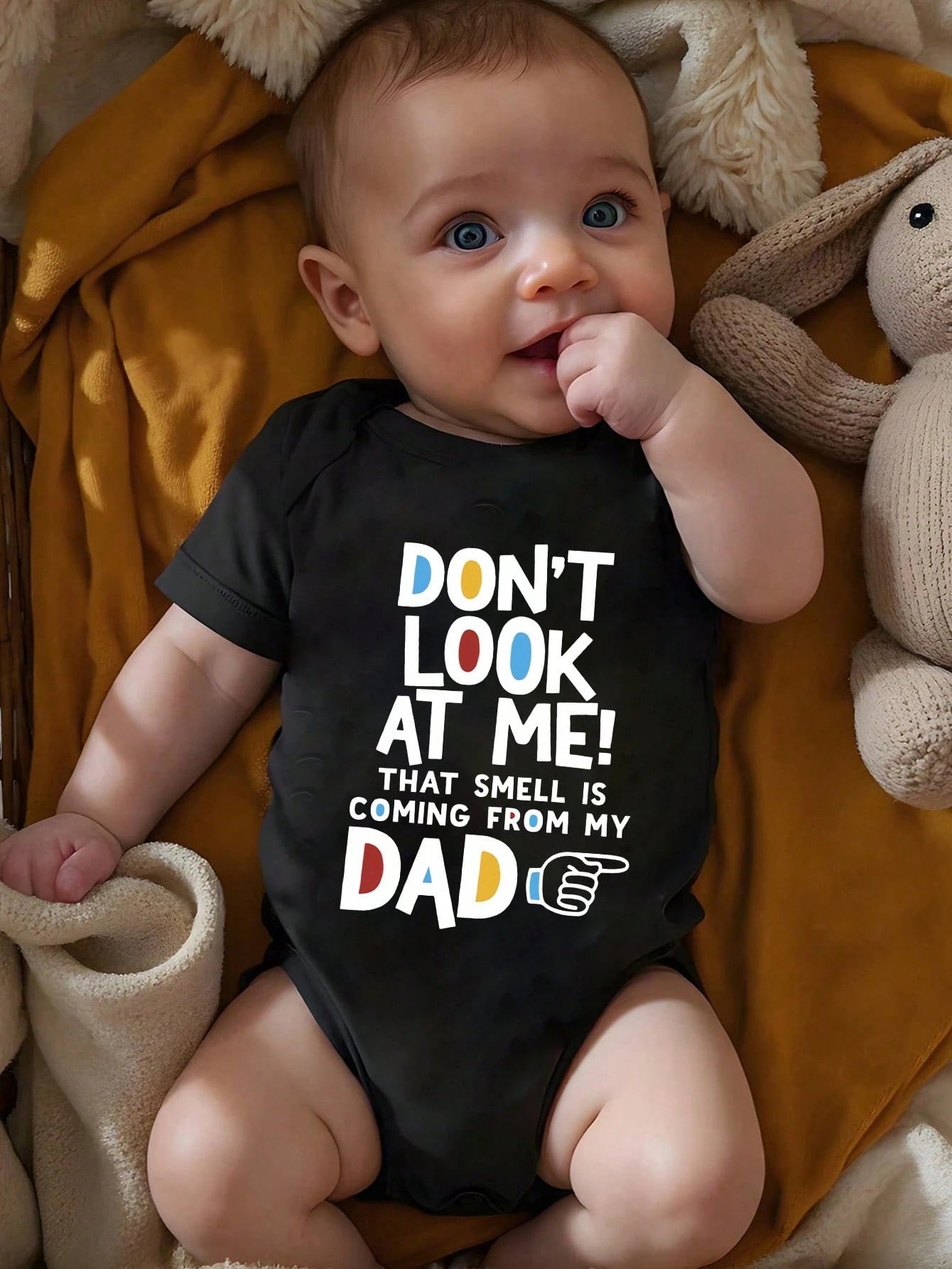Baby Boys' Black Summer Casual Family Matching Short Sleeve Bodysuit,Cute Kawaii Cartoon Finger Design Colorful Letter Slogan Graphic Print Crew Neck