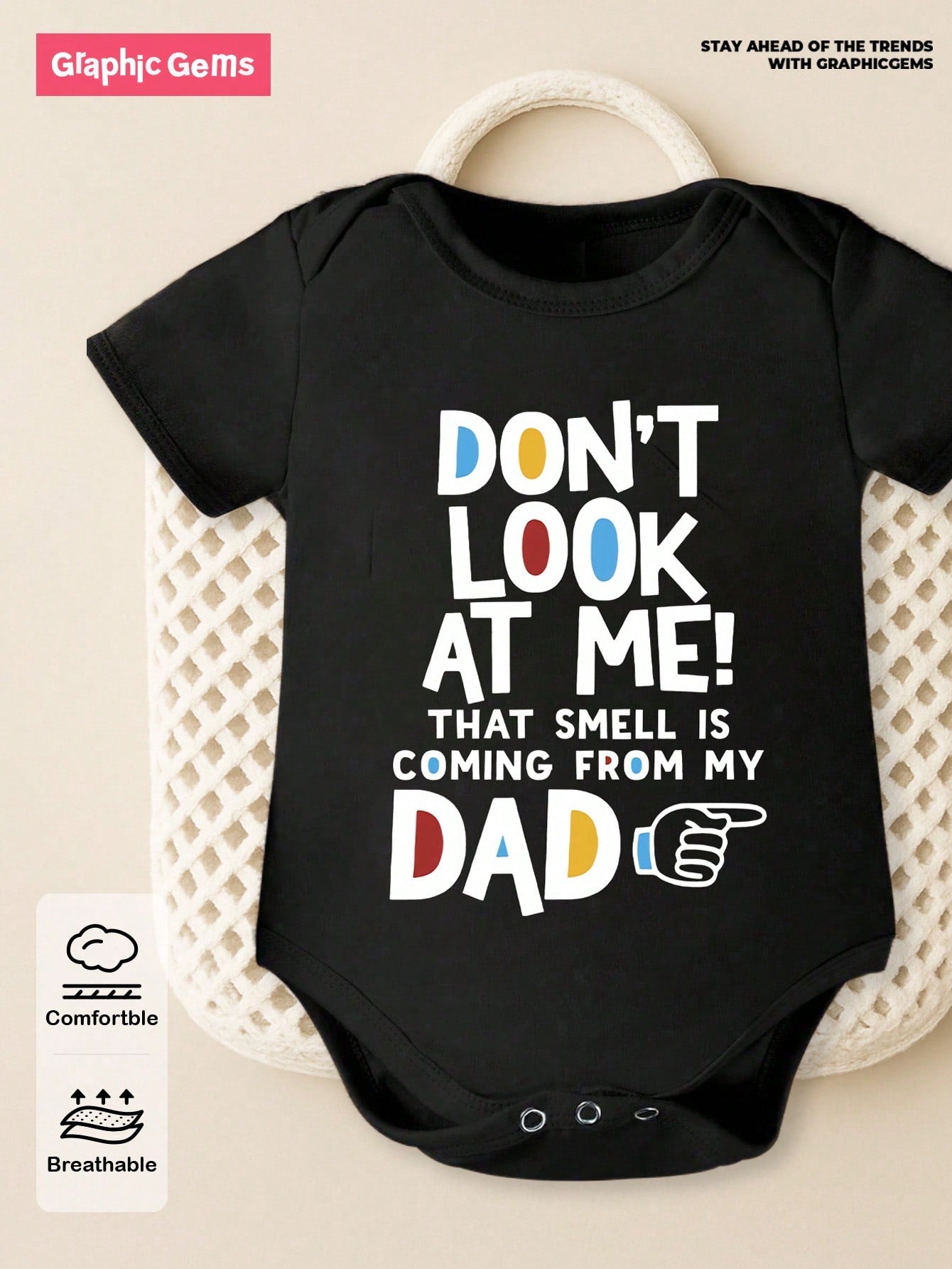 Baby Boys' Black Summer Casual Family Matching Short Sleeve Bodysuit,Cute Kawaii Cartoon Finger Design Colorful Letter Slogan Graphic Print Crew Neck