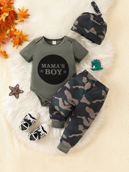 Baby Boys' Cute And Fun Military Green Alphabet Printed Bodysuit With Hood And Long Pants, Spring/Autumn