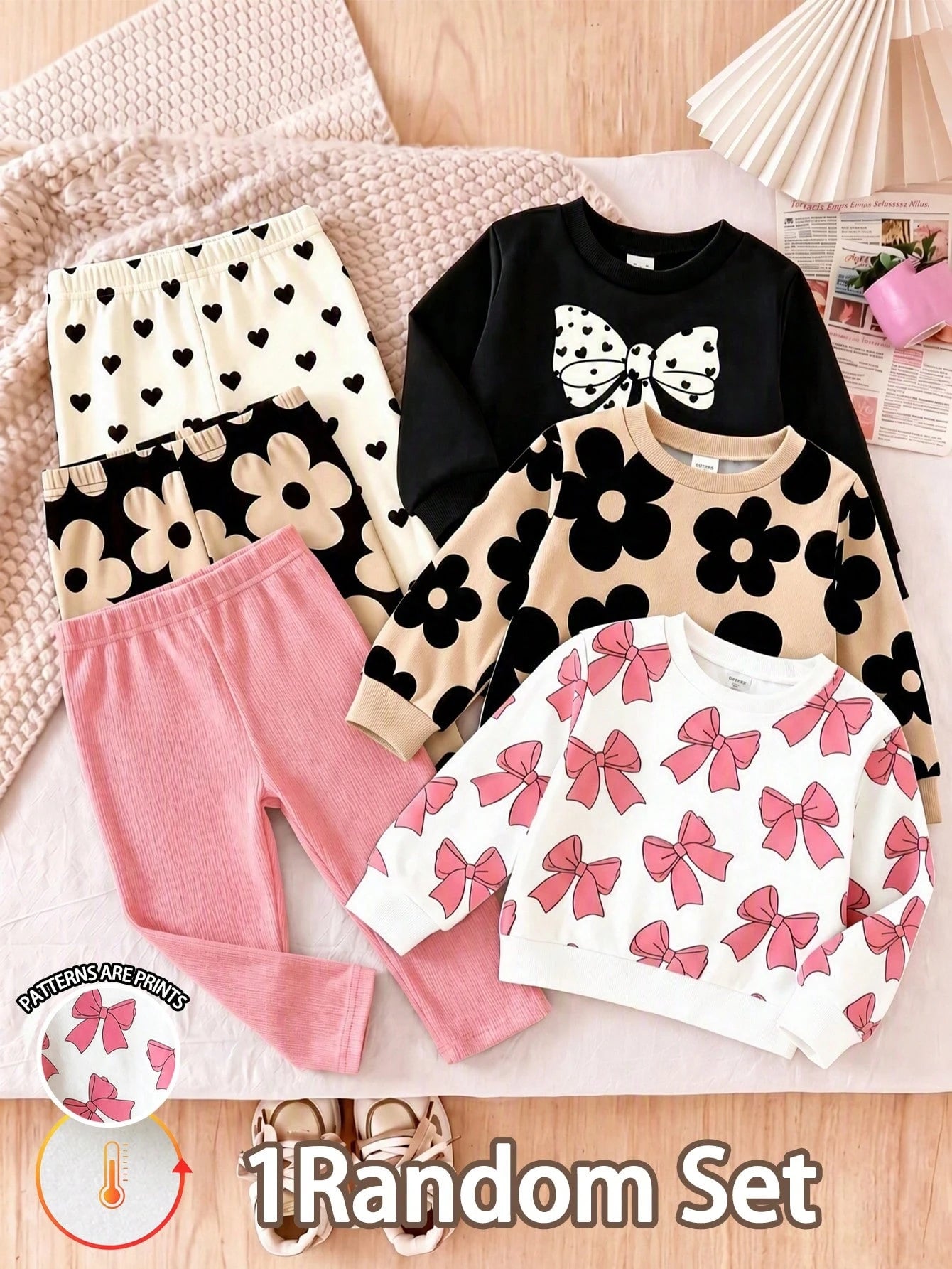 Baby Girl 1Random Set Mystery Box, Sweet & Adorable Floral‑Print Long‑Sleeve Crew‑Neck Sweatshirt With Bow Print, Matching Pants, Casual Minimalist O