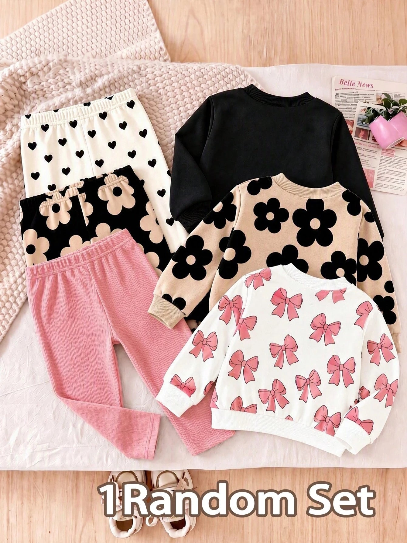 Baby Girl 1Random Set Mystery Box, Sweet & Adorable Floral‑Print Long‑Sleeve Crew‑Neck Sweatshirt With Bow Print, Matching Pants, Casual Minimalist O