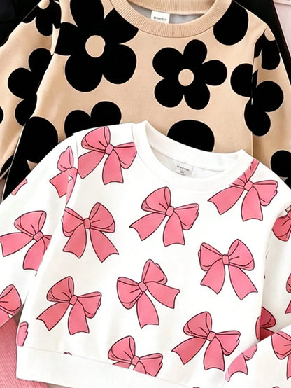 Baby Girl 1Random Set Mystery Box, Sweet & Adorable Floral‑Print Long‑Sleeve Crew‑Neck Sweatshirt With Bow Print, Matching Pants, Casual Minimalist O