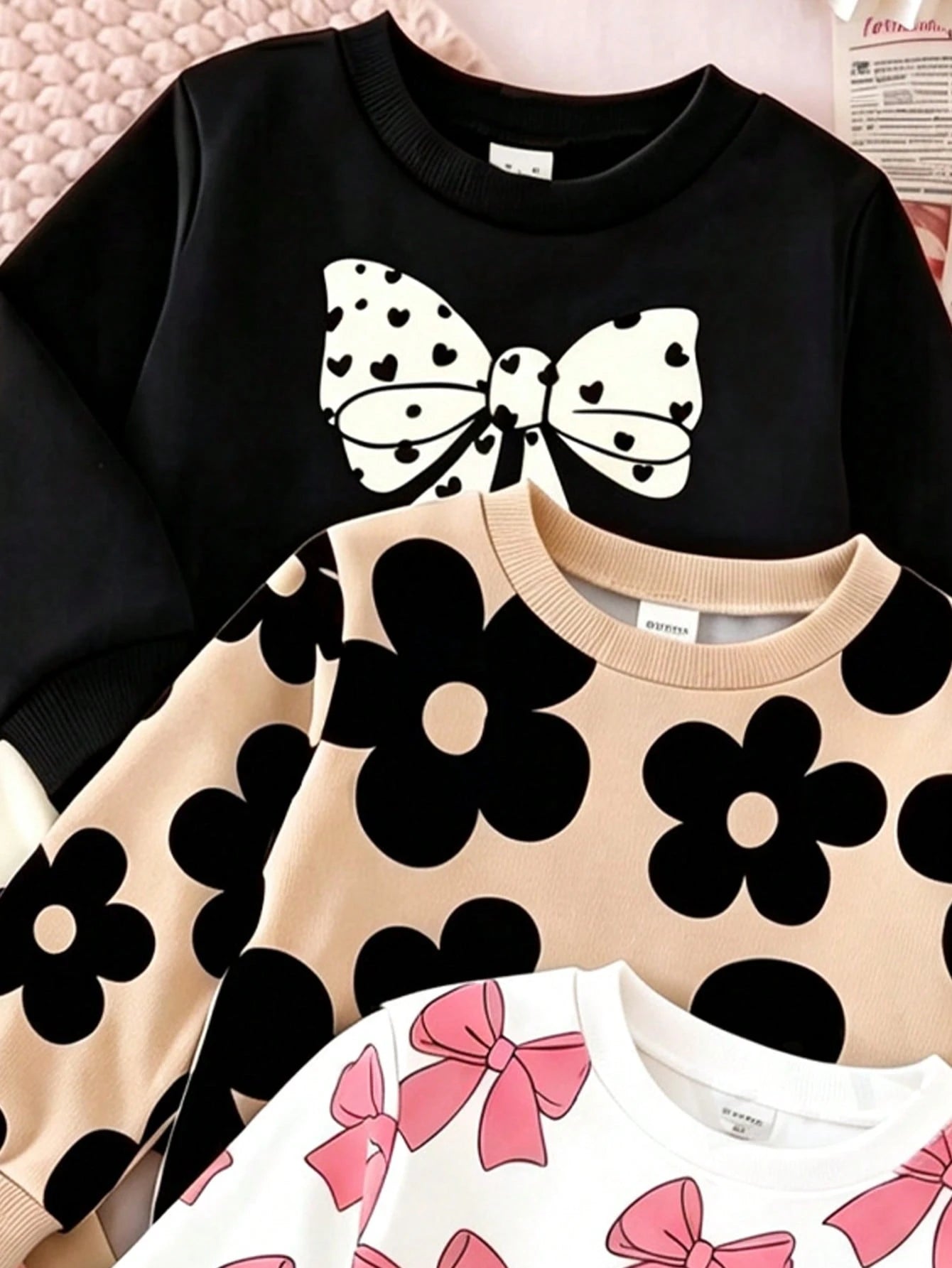 Baby Girl 1Random Set Mystery Box, Sweet & Adorable Floral‑Print Long‑Sleeve Crew‑Neck Sweatshirt With Bow Print, Matching Pants, Casual Minimalist O