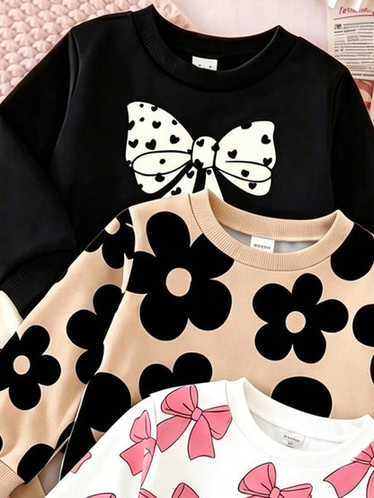 Baby Girl 1Random Set Mystery Box, Sweet & Adorable Floral‑Print Long‑Sleeve Crew‑Neck Sweatshirt With Bow Print, Matching Pants, Casual Minimalist O