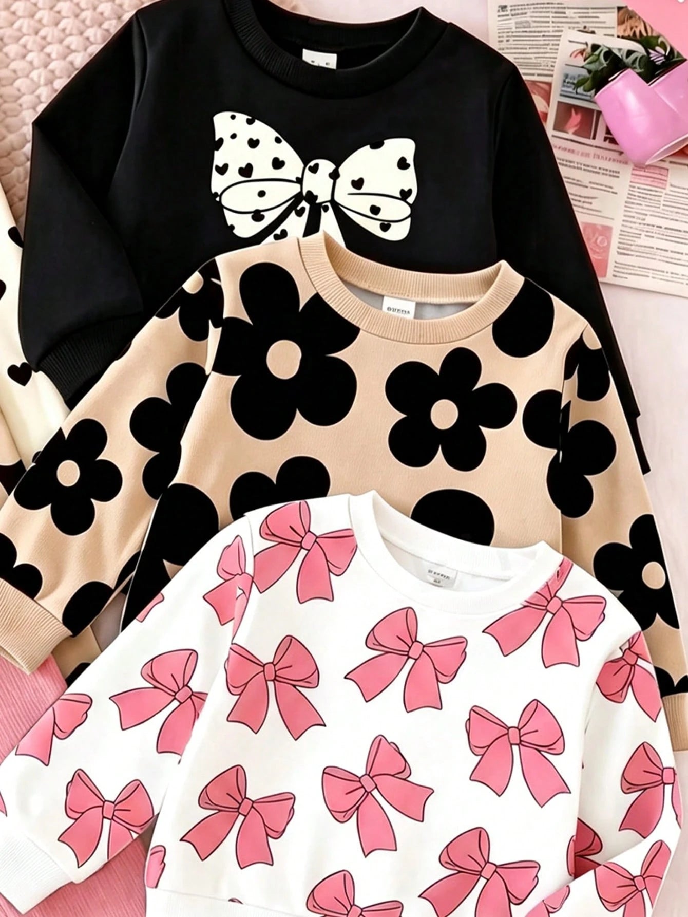 Baby Girl 1Random Set Mystery Box, Sweet & Adorable Floral‑Print Long‑Sleeve Crew‑Neck Sweatshirt With Bow Print, Matching Pants, Casual Minimalist O