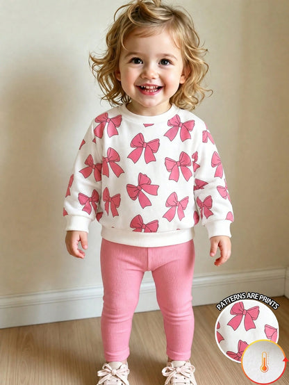 Baby Girl 1Random Set Mystery Box, Sweet & Adorable Floral‑Print Long‑Sleeve Crew‑Neck Sweatshirt With Bow Print, Matching Pants, Casual Minimalist O