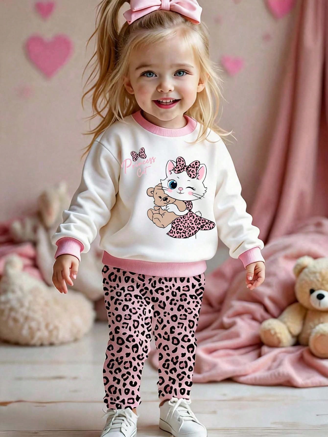 Baby Girl 1Random Set Mystery Box, Sweet & Adorable Floral‑Print Long‑Sleeve Crew‑Neck Sweatshirt With Bow Print, Matching Pants, Casual Minimalist O