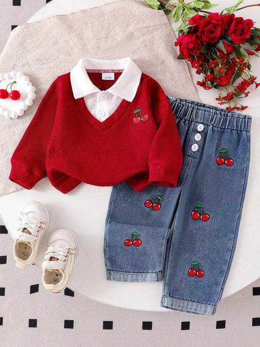 Baby Girl 2pcs Set- Colorblock Shirt Collar Top With Cherry Embroidery And High-Waist Button-Decorated Cherry Embroidery Cuff Jeans Set, Fashion, Birthday Gift