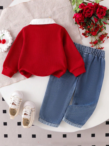 Baby Girl 2pcs Set- Colorblock Shirt Collar Top With Cherry Embroidery And High-Waist Button-Decorated Cherry Embroidery Cuff Jeans Set, Fashion, Birthday Gift