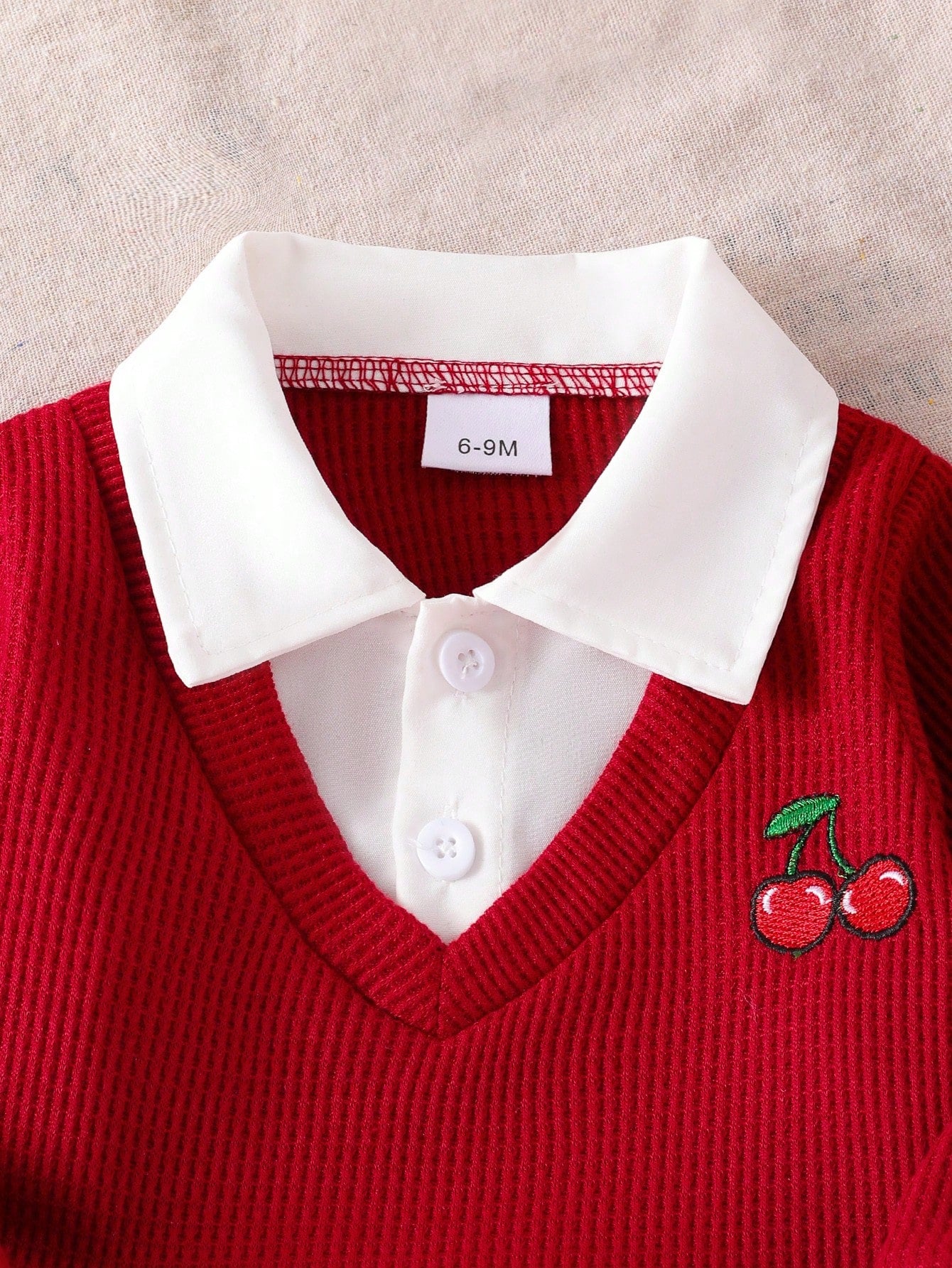 Baby Girl 2pcs Set- Colorblock Shirt Collar Top With Cherry Embroidery And High-Waist Button-Decorated Cherry Embroidery Cuff Jeans Set, Fashion, Birthday Gift