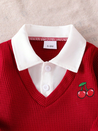 Baby Girl 2pcs Set- Colorblock Shirt Collar Top With Cherry Embroidery And High-Waist Button-Decorated Cherry Embroidery Cuff Jeans Set, Fashion, Birthday Gift