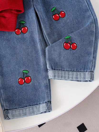 Baby Girl 2pcs Set- Colorblock Shirt Collar Top With Cherry Embroidery And High-Waist Button-Decorated Cherry Embroidery Cuff Jeans Set, Fashion, Birthday Gift
