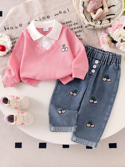 Baby Girl 2pcs Set- Colorblock Shirt Collar Top With Cherry Embroidery And High-Waist Button-Decorated Cherry Embroidery Cuff Jeans Set, Fashion, Birthday Gift