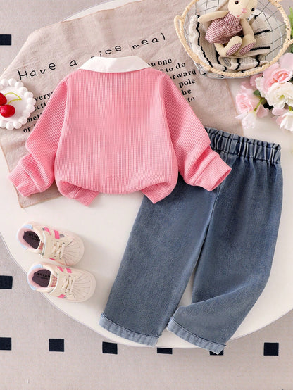 Baby Girl 2pcs Set- Colorblock Shirt Collar Top With Cherry Embroidery And High-Waist Button-Decorated Cherry Embroidery Cuff Jeans Set, Fashion, Birthday Gift