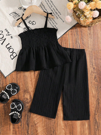 Baby Girl Casual Solid Color Suspender Top And Pants Set
