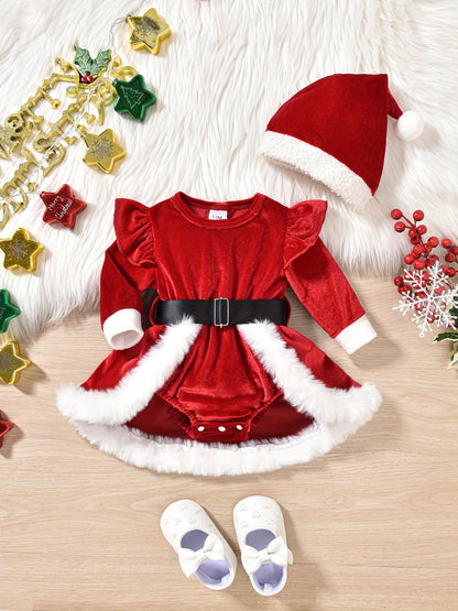 Baby Girl Christmas Dress Santa Claus Newborn Romper Dress My First Christmas Outfit Winter Clothes Newborn Baby Girl Christmas Romper Dress Long Sleeve Dress Santa Hat 2Pcs Outfit Infant Xmas Clothe