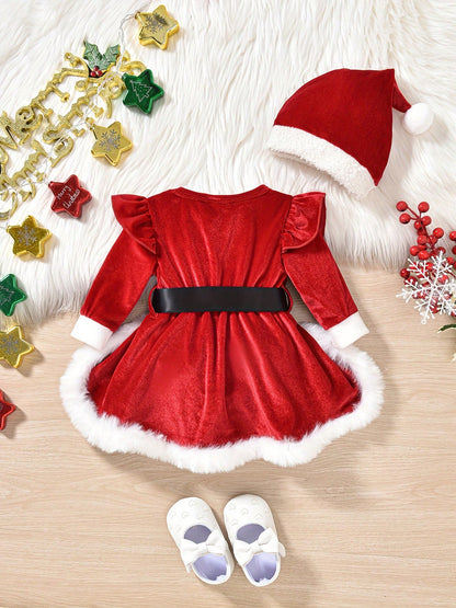 Baby Girl Christmas Dress Santa Claus Newborn Romper Dress My First Christmas Outfit Winter Clothes Newborn Baby Girl Christmas Romper Dress Long Sleeve Dress Santa Hat 2Pcs Outfit Infant Xmas Clothe