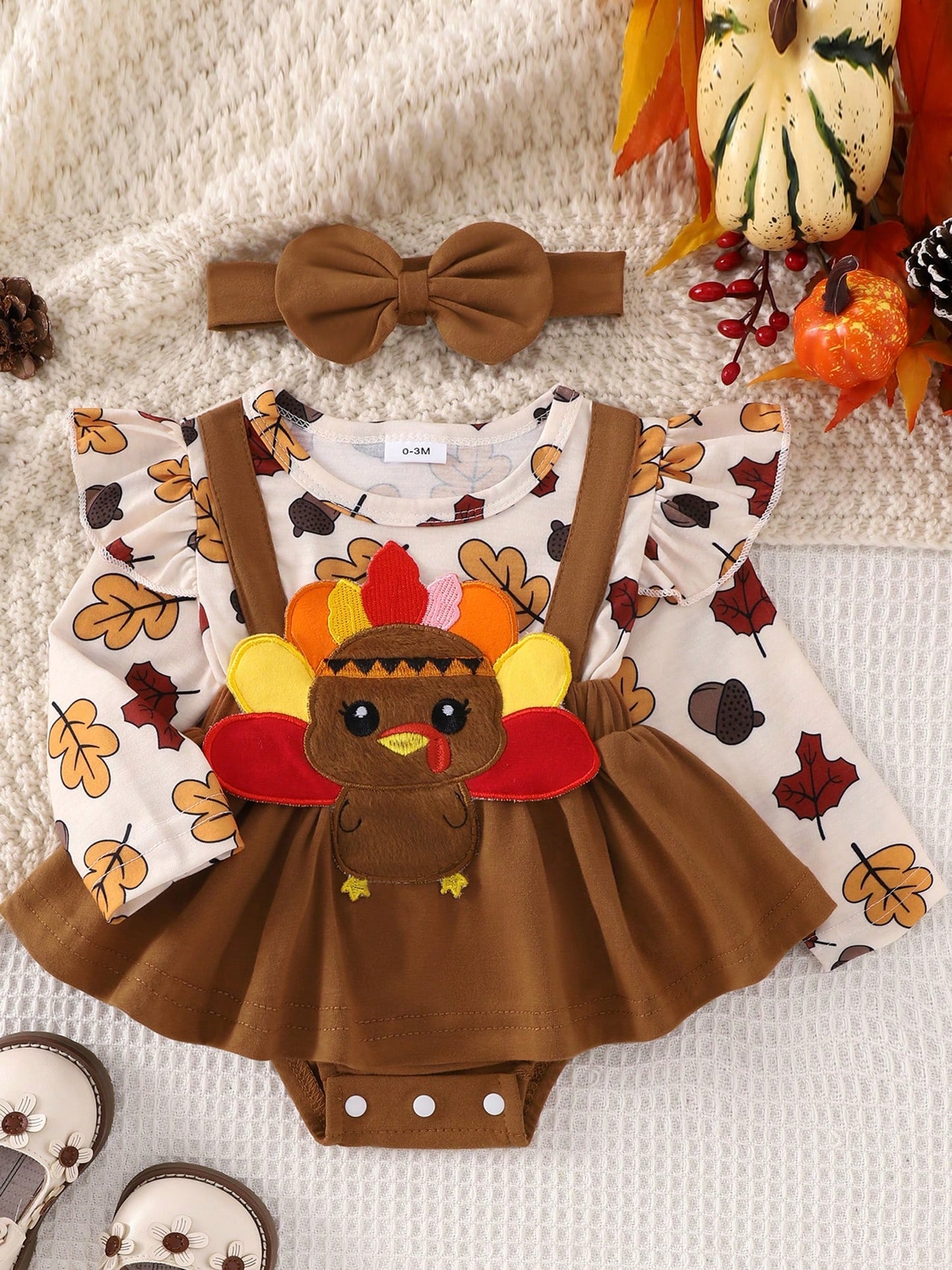Baby Girl Christmas Halloween Outfit, Santa Ghost Turkey Patch Flying Long Sleeve Romper Dress Bow Headband 2 Piece Set For Fall