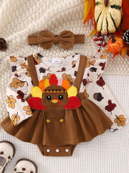 Baby Girl Christmas Halloween Outfit, Santa Ghost Turkey Patch Flying Long Sleeve Romper Dress Bow Headband 2 Piece Set For Fall