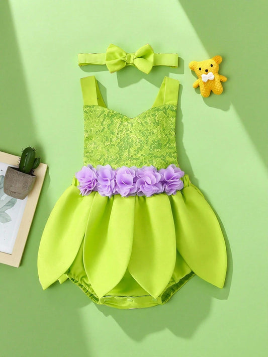 Baby Girl Green Adjustable Strap Sequin Print Bodysuit & Purple High Waist Floral Ruffle Skirt Set, Summer
