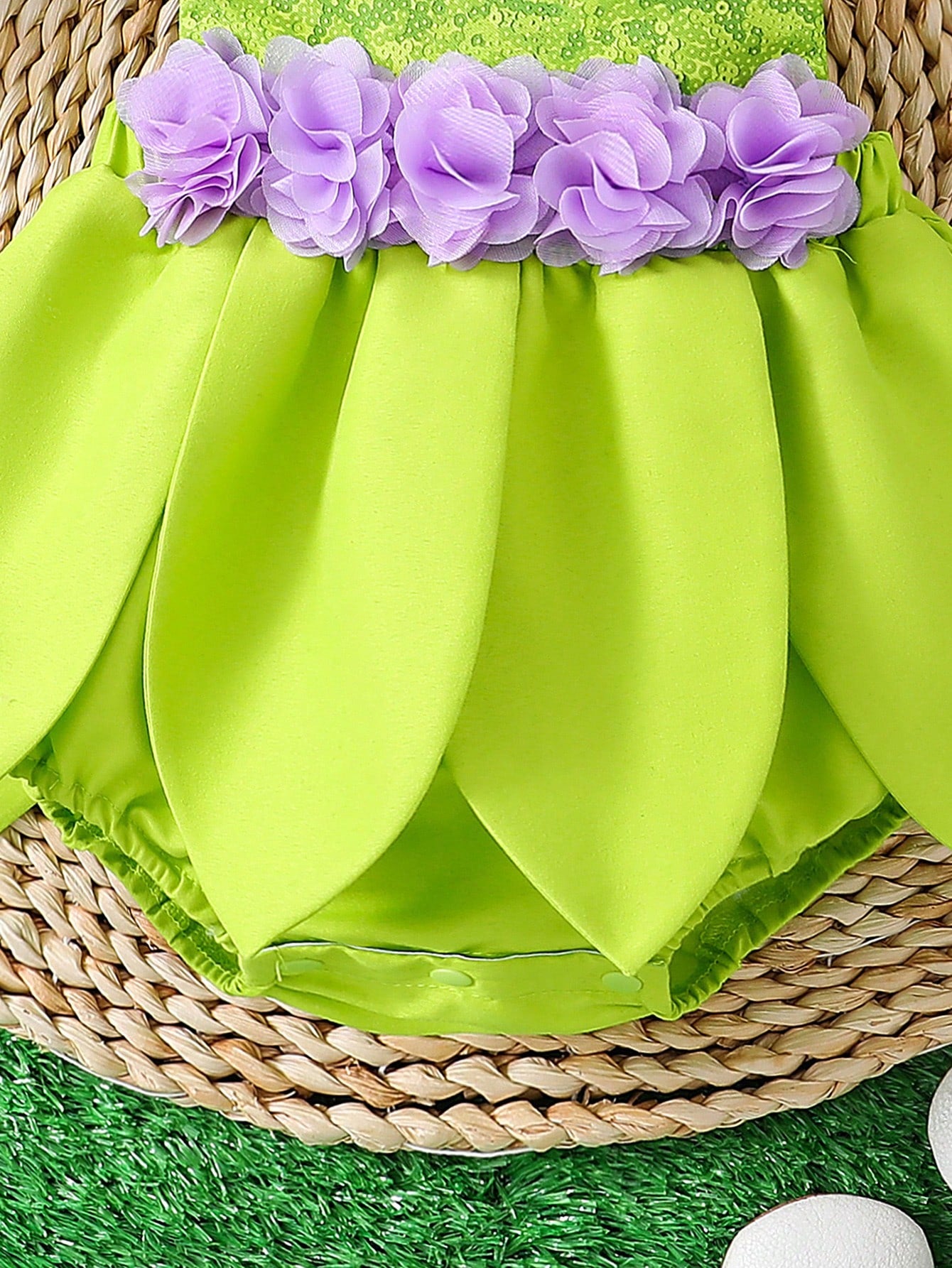 Baby Girl Green Adjustable Strap Sequin Print Bodysuit & Purple High Waist Floral Ruffle Skirt Set, Summer