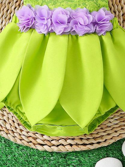 Baby Girl Green Adjustable Strap Sequin Print Bodysuit & Purple High Waist Floral Ruffle Skirt Set, Summer