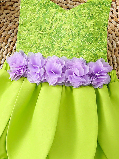 Baby Girl Green Adjustable Strap Sequin Print Bodysuit & Purple High Waist Floral Ruffle Skirt Set, Summer