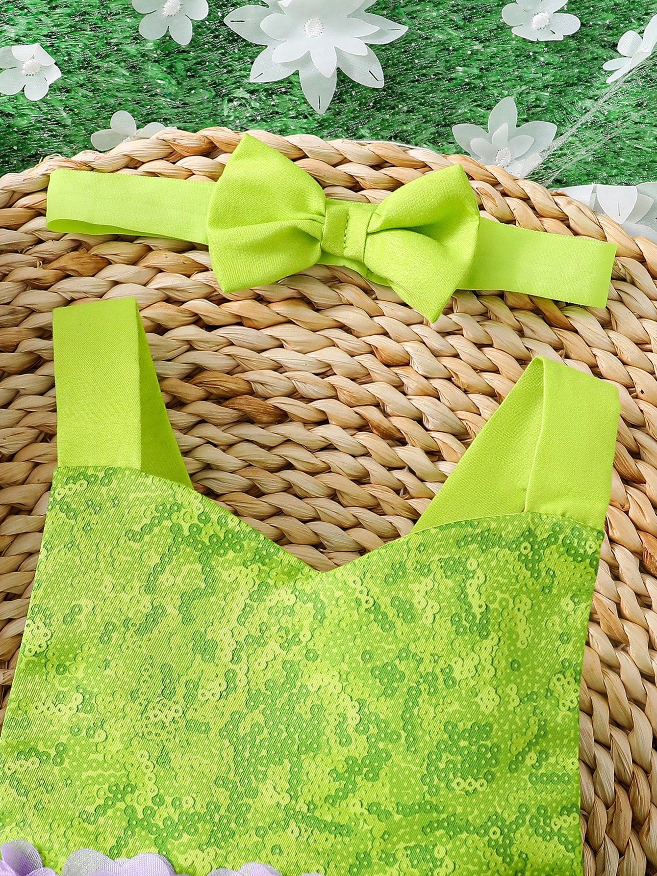 Baby Girl Green Adjustable Strap Sequin Print Bodysuit & Purple High Waist Floral Ruffle Skirt Set, Summer