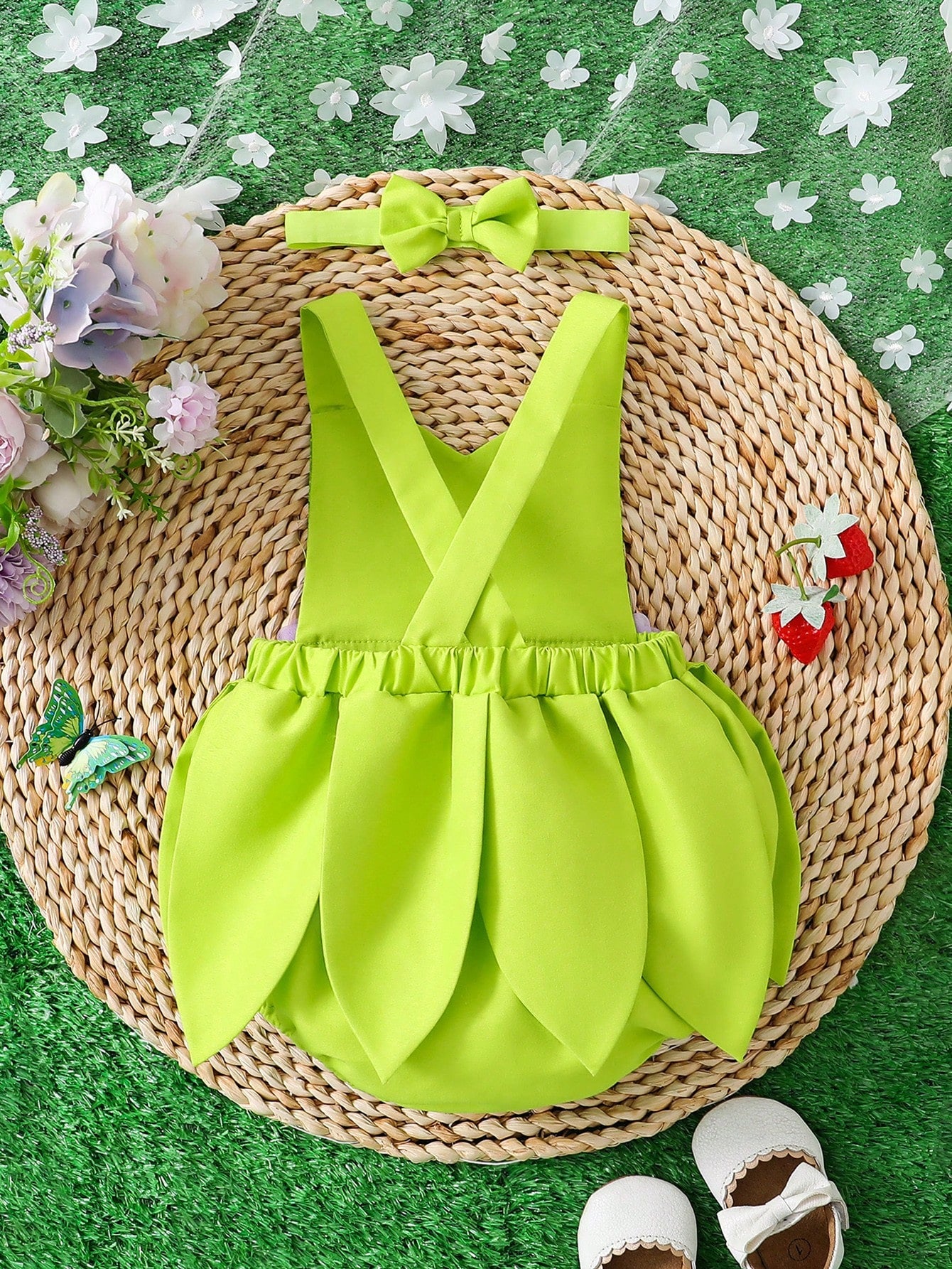 Baby Girl Green Adjustable Strap Sequin Print Bodysuit & Purple High Waist Floral Ruffle Skirt Set, Summer