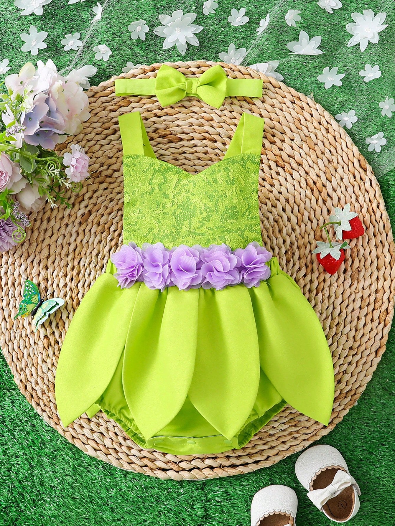 Baby Girl Green Adjustable Strap Sequin Print Bodysuit & Purple High Waist Floral Ruffle Skirt Set, Summer