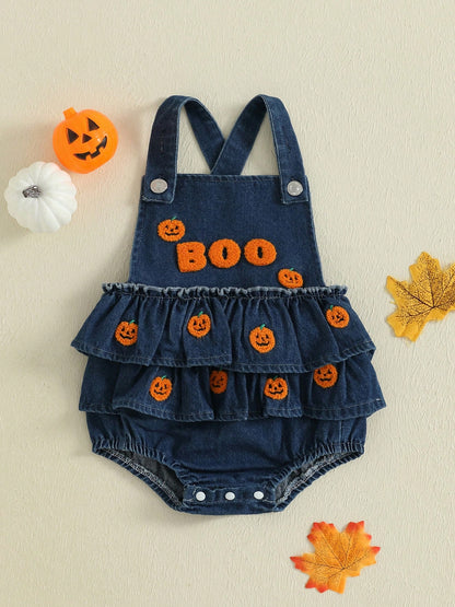 Baby Girl Halloween Denim Romper Pumpkin/Ghost Embroidered Sleeveless Ruffled Overalls Jumpsuit Cute Fall Clothes