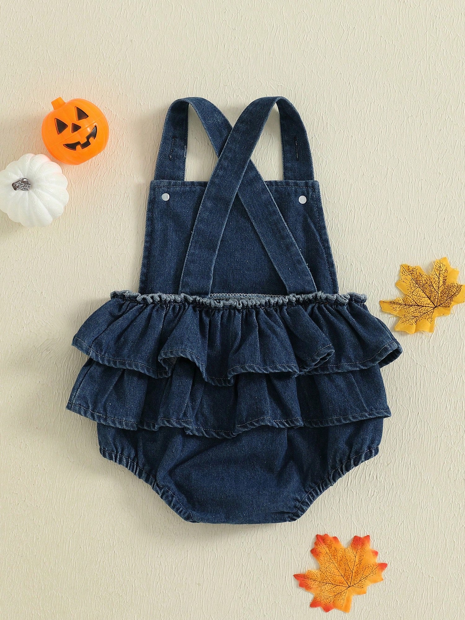 Baby Girl Halloween Denim Romper Pumpkin/Ghost Embroidered Sleeveless Ruffled Overalls Jumpsuit Cute Fall Clothes
