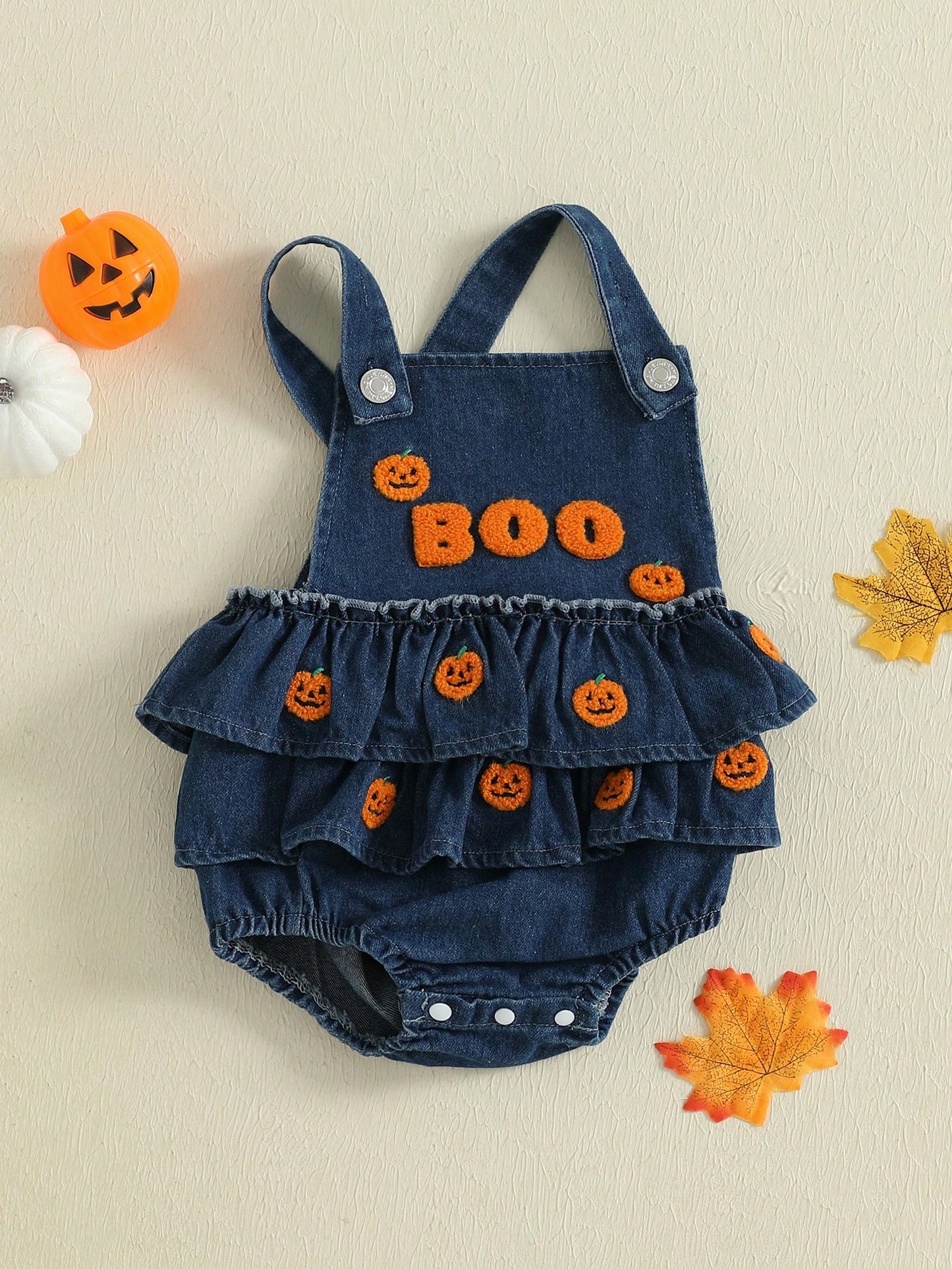 Baby Girl Halloween Denim Romper Pumpkin/Ghost Embroidered Sleeveless Ruffled Overalls Jumpsuit Cute Fall Clothes