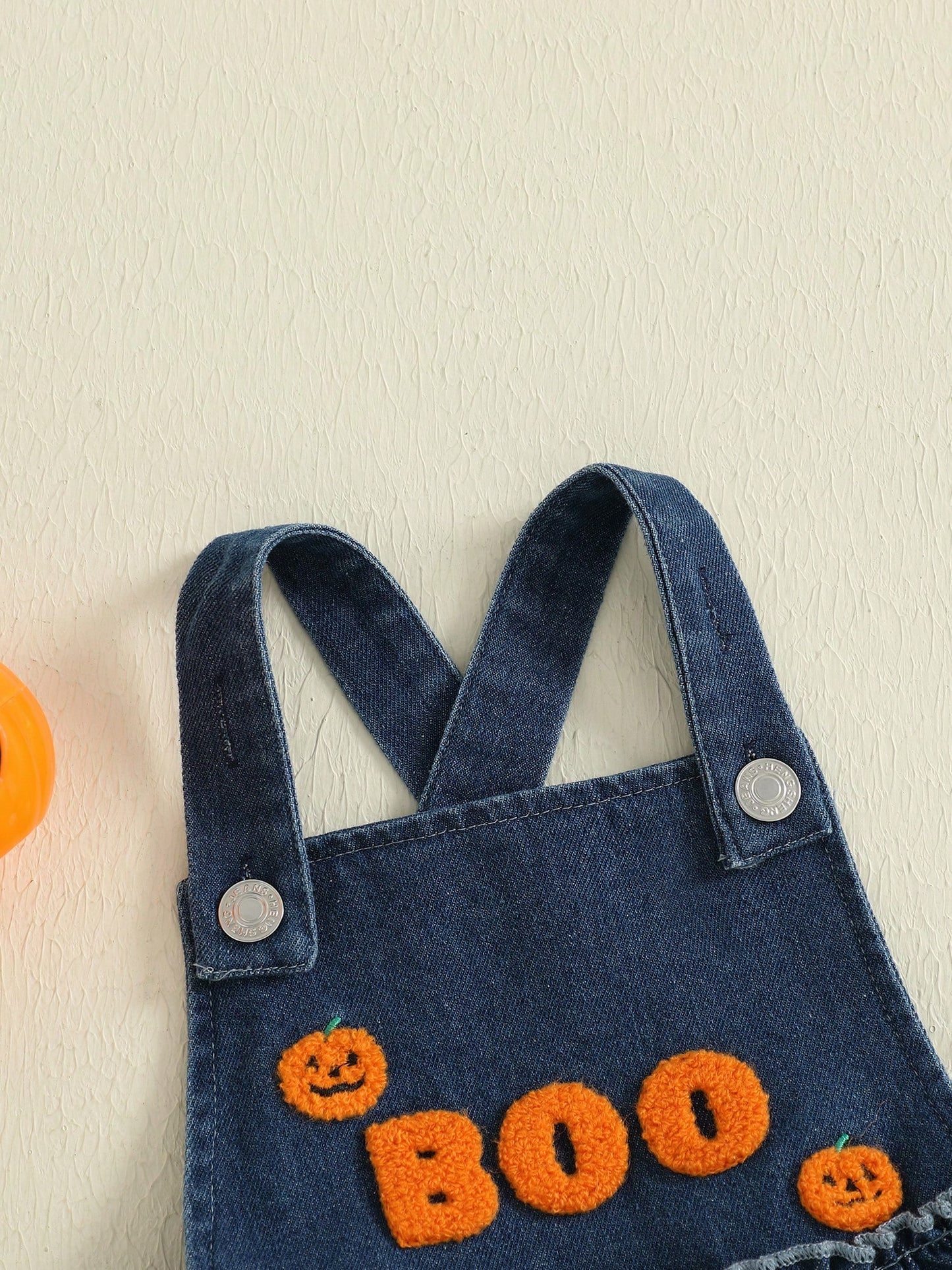 Baby Girl Halloween Denim Romper Pumpkin/Ghost Embroidered Sleeveless Ruffled Overalls Jumpsuit Cute Fall Clothes