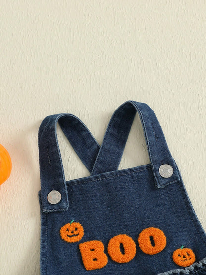 Baby Girl Halloween Denim Romper Pumpkin/Ghost Embroidered Sleeveless Ruffled Overalls Jumpsuit Cute Fall Clothes