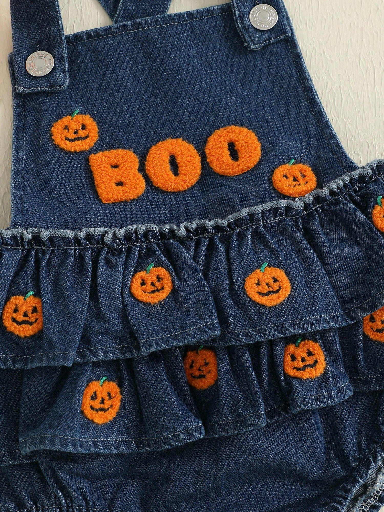 Baby Girl Halloween Denim Romper Pumpkin/Ghost Embroidered Sleeveless Ruffled Overalls Jumpsuit Cute Fall Clothes