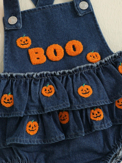 Baby Girl Halloween Denim Romper Pumpkin/Ghost Embroidered Sleeveless Ruffled Overalls Jumpsuit Cute Fall Clothes