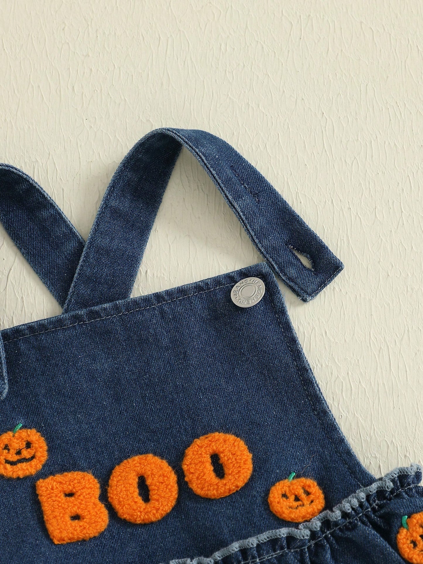 Baby Girl Halloween Denim Romper Pumpkin/Ghost Embroidered Sleeveless Ruffled Overalls Jumpsuit Cute Fall Clothes