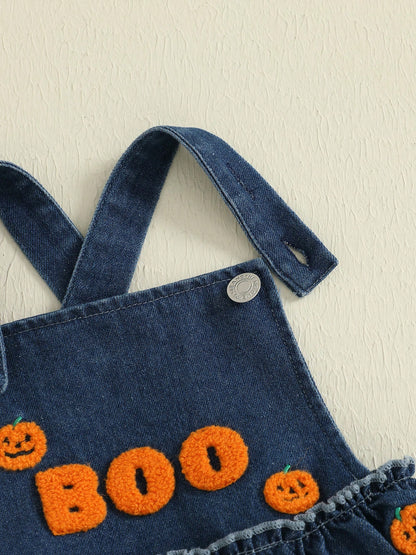 Baby Girl Halloween Denim Romper Pumpkin/Ghost Embroidered Sleeveless Ruffled Overalls Jumpsuit Cute Fall Clothes