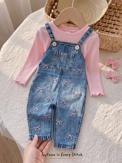 Baby Girl Long Sleeve T-Shirt And Bow Embroidery Pattern Overalls Set