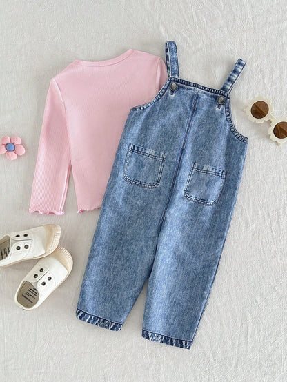 Baby Girl Long Sleeve T-Shirt And Bow Embroidery Pattern Overalls Set
