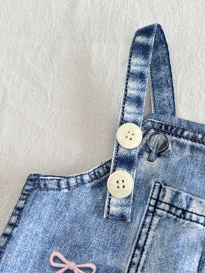 Baby Girl Long Sleeve T-Shirt And Bow Embroidery Pattern Overalls Set