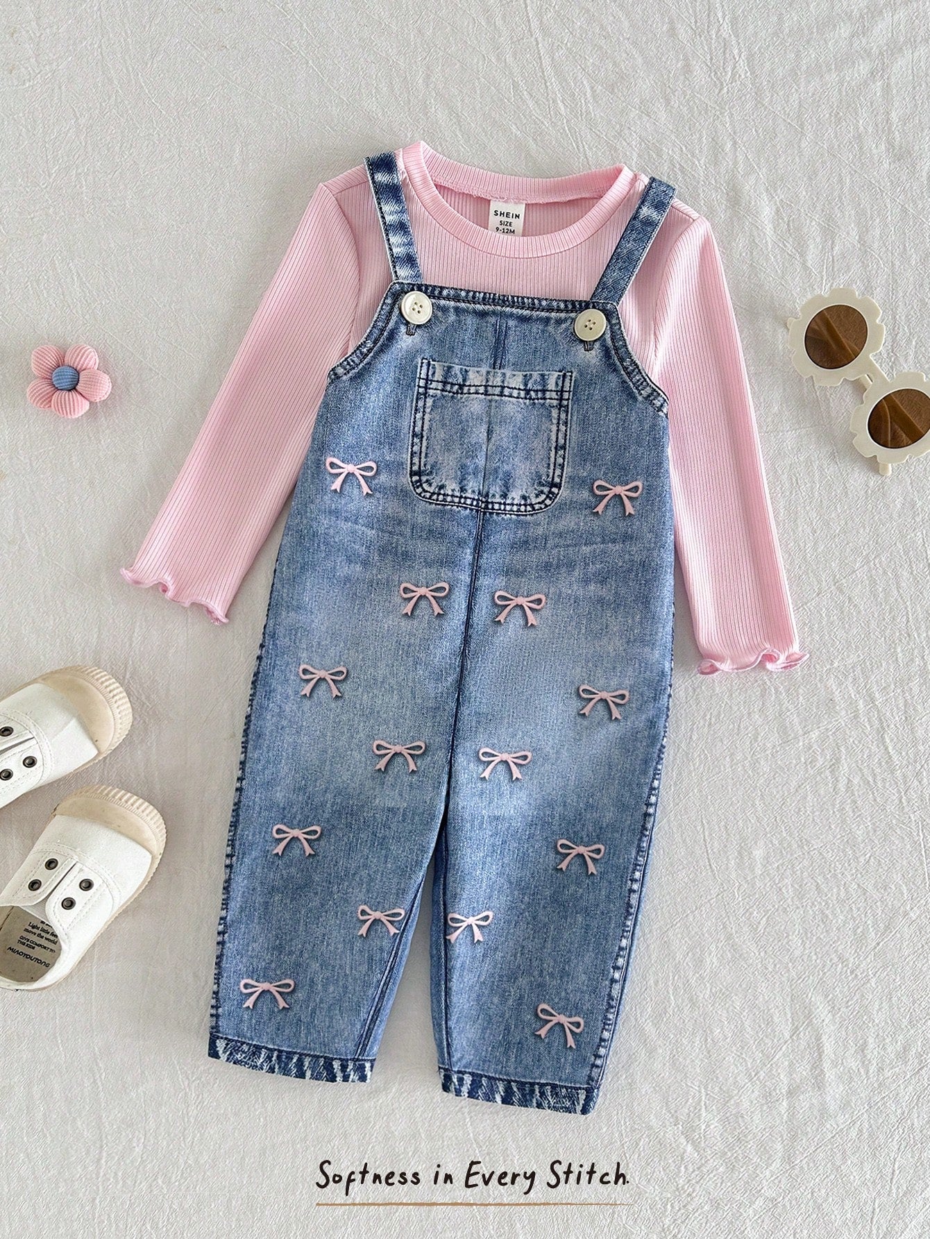 Baby Girl Long Sleeve T-Shirt And Bow Embroidery Pattern Overalls Set