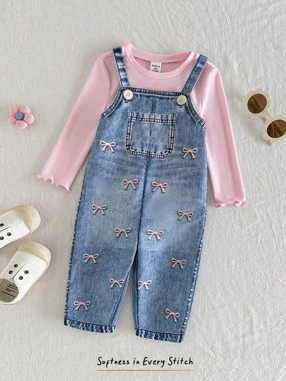 Baby Girl Long Sleeve T-Shirt And Bow Embroidery Pattern Overalls Set