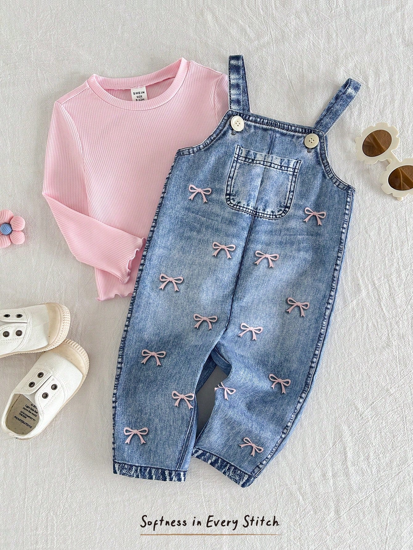 Baby Girl Long Sleeve T-Shirt And Bow Embroidery Pattern Overalls Set