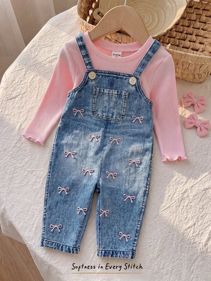 Baby Girl Long Sleeve T-Shirt And Bow Embroidery Pattern Overalls Set