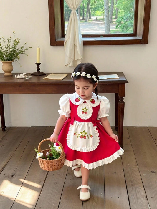 Baby Girl Red Vintage Modest Embroidered Strawberry Puff Sleeve Princess Dress,Perfect For First Birthday,Summer Party,Wedding Flower Girl,Vacation